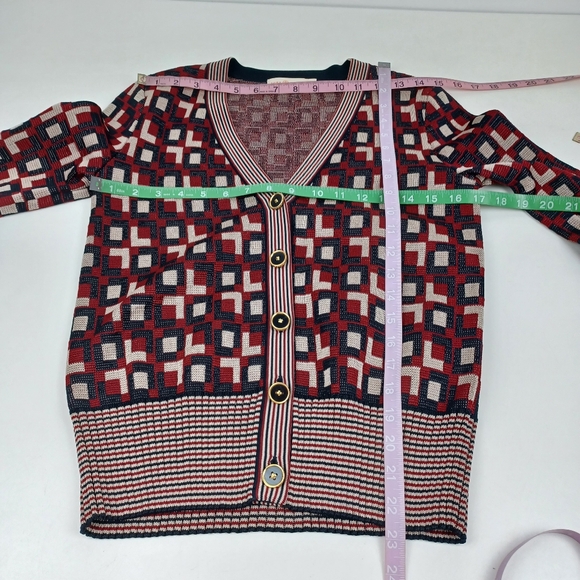 Tory Burch Logo Jacquard Cardigan Size S Women Preppy In Light Royal Burgandy - Picture 11 of 15